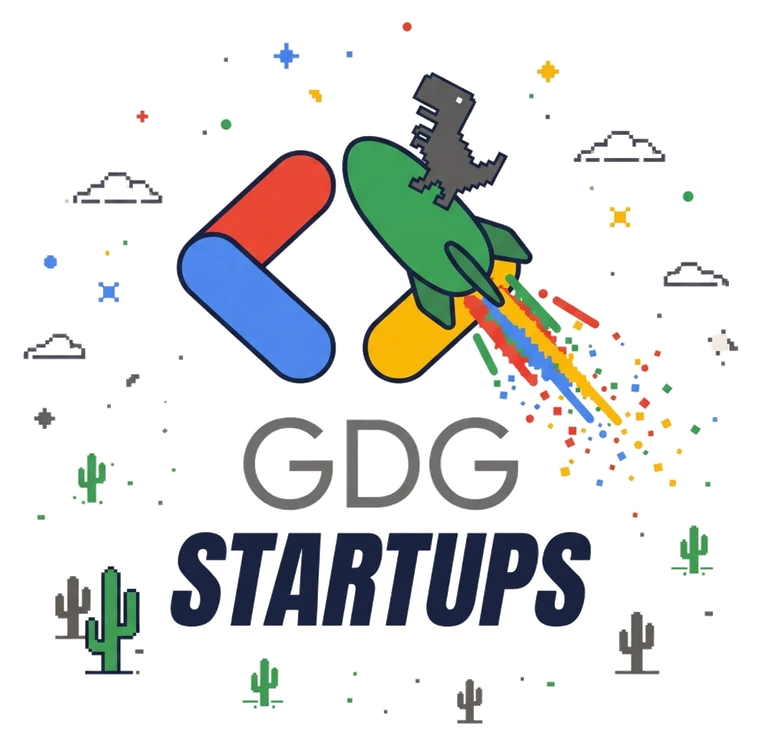 GDG Startups logosu: roketle uçan Chrome dinozoru ve GDG işareti